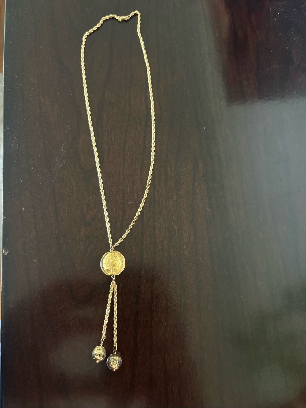 Gold Lariat Necklace with Textured Disc and Bead Tassels